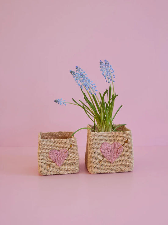 RICE - Raffia Baskets set of 2 - Pink Heart