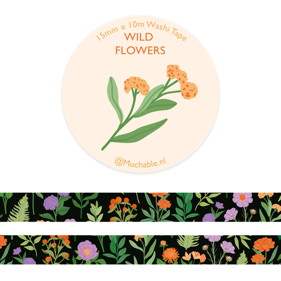 Washi Tape - Wild Flowers Zwart