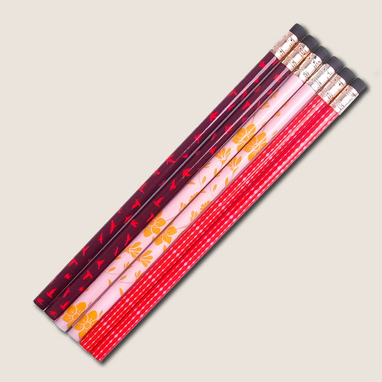 Pencils - Set of 6 - Red Flower Birds